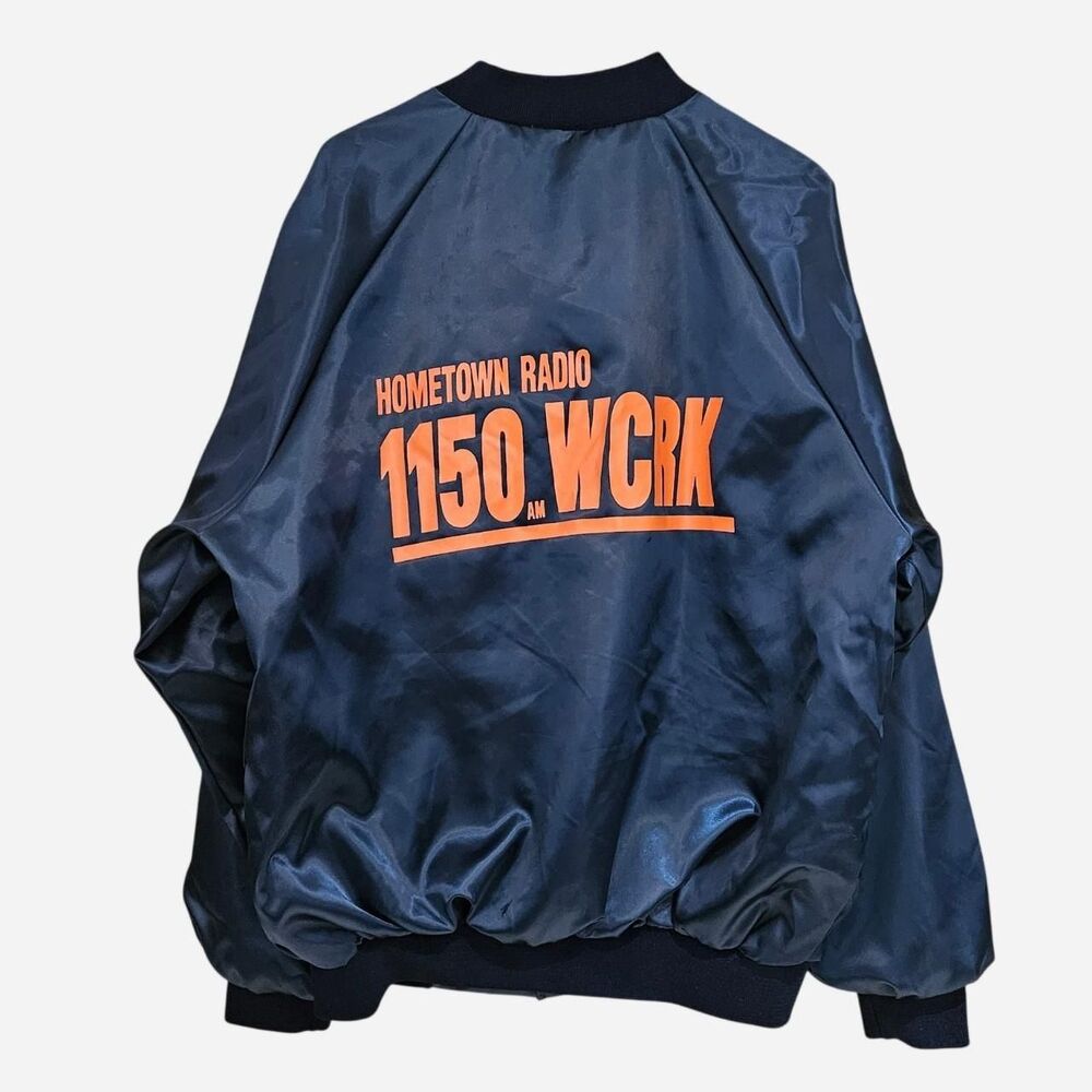 vintage indie streetwear navy orange radio 1150 wcrk satin jacket